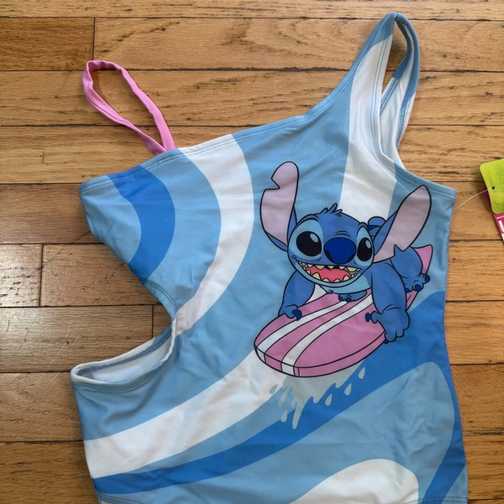 Disney Stitch Girls One Piece Swimsuit Blue Swirl Surfing UPF 50+ Size 10-12 NWT
